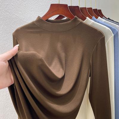 Langarm-T-Shirt für Damen-Sommerunterwäsche, neues, figurbetontes und dünnes Unterhemd mit Rippenmuster, basic Stehkragen-Oberteil für Damen