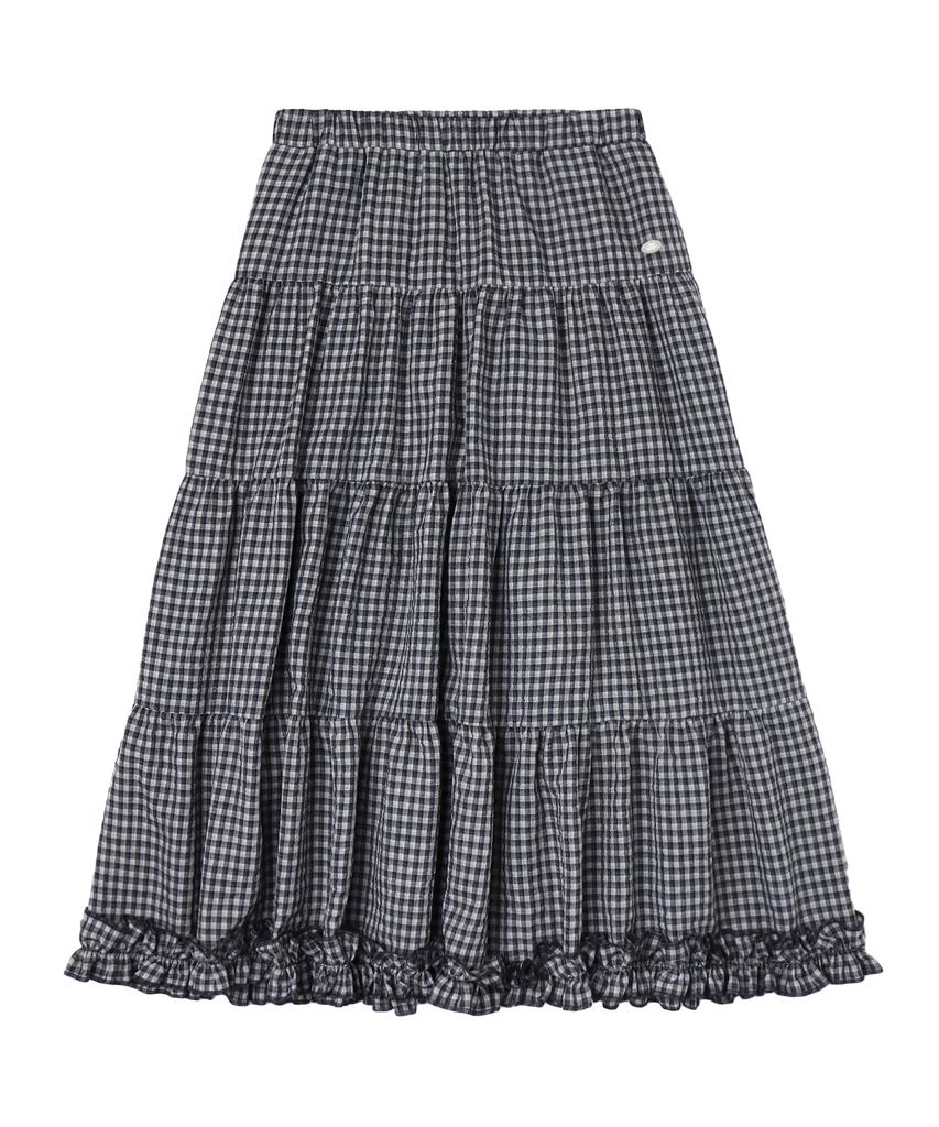 Moyora Frill Tiered Flare Check Long Skirt [White & Navy]