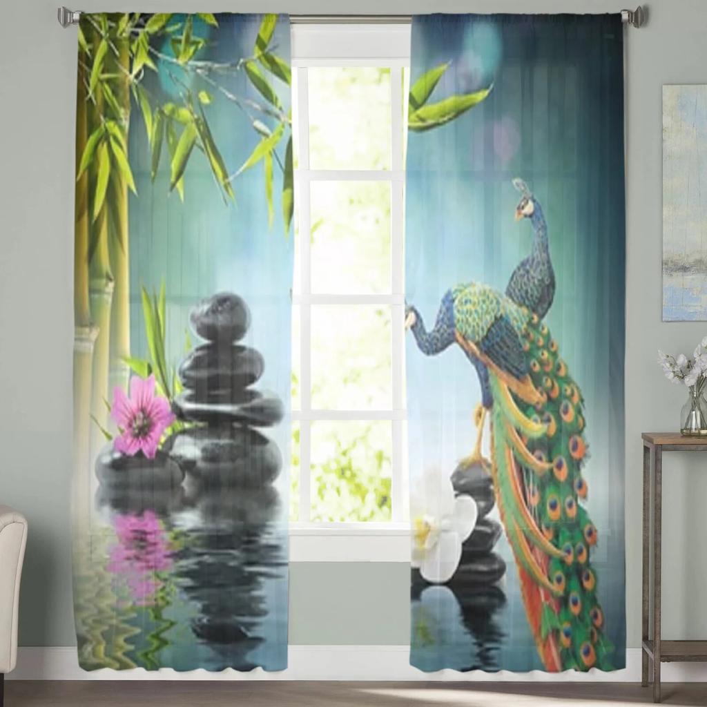 Zen Garden Peacock Sheer Curtains Bedroom Voile Curtain Living Room Window Sheer Curtains Kitchen Tulle Drapes