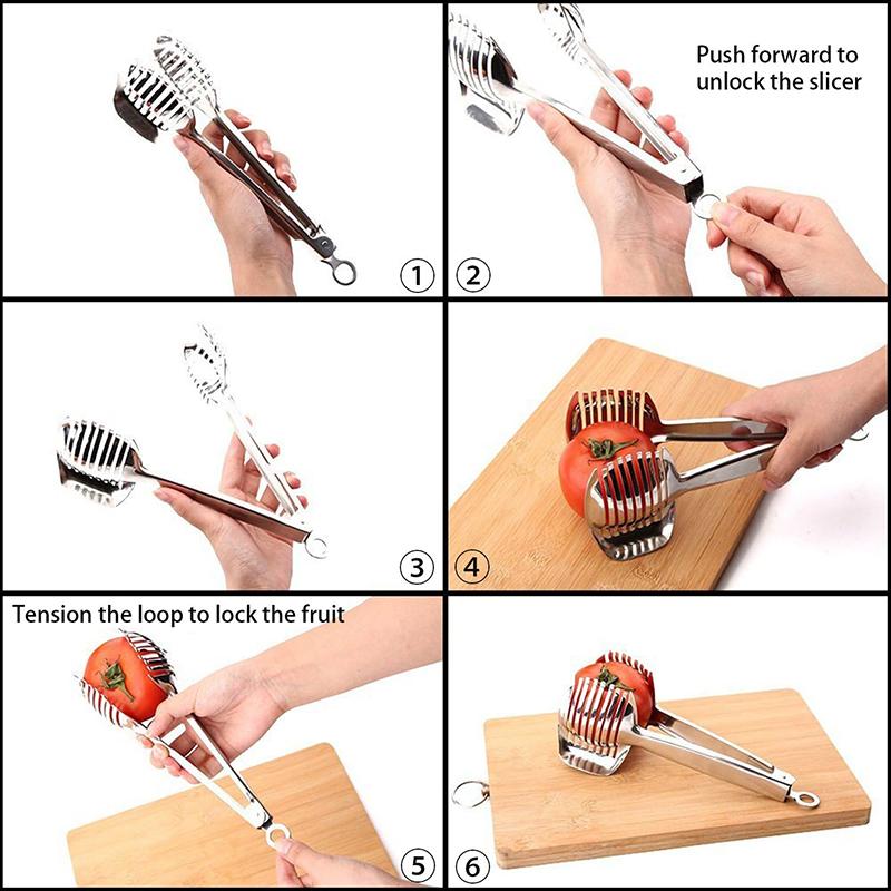 Aluminum Alloy Lemon Slicer Multipurpose Handheld Tomato Cutter Round Fruit Tongs Onion Holder Lemon Kiwi Fruits Cutting Slicer