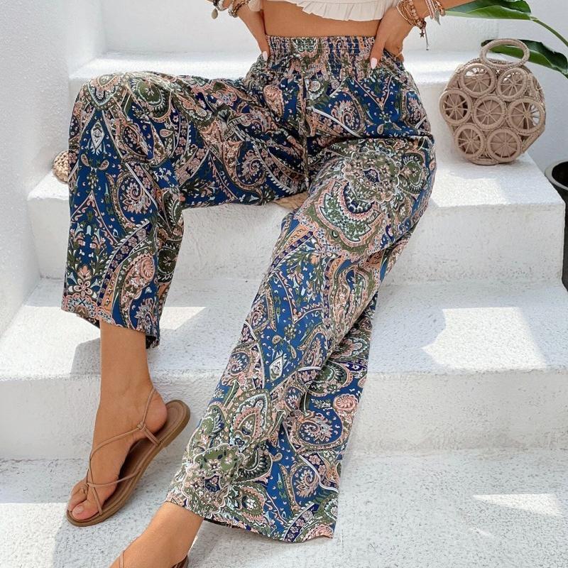 Summer New Fashion Printed Elastic Waist Wide Leg Pants Women Vintage Vacation Beach Pants Casual Woman Simple Thin Office Ladies Long Trousers 25783