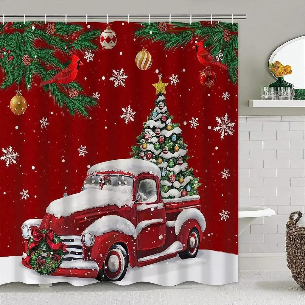 Theme Shower Truck Christmas Tree Gift Deer Red Bird Pinecone Snow Scene Baths Curtain Bathroom DecorXT6