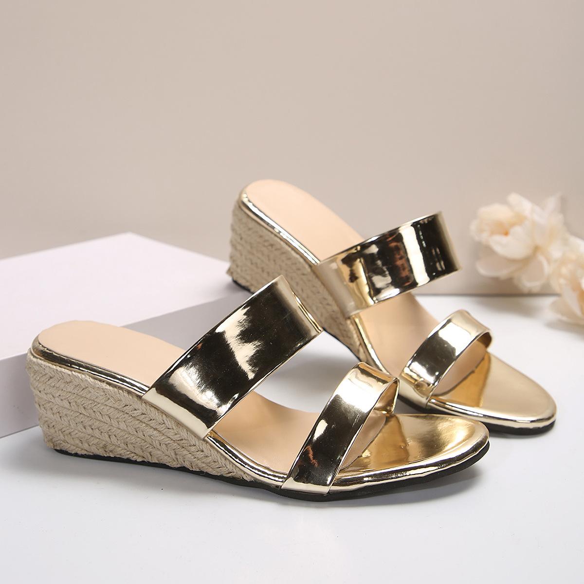 

Босоножки на танкетке 2025 года, летние, импортные, большого размера, пеньковая веревка, повседневные, с открытым носком, водонепроницаемые, настольные тапочки на высоком каблуке 43 золотой