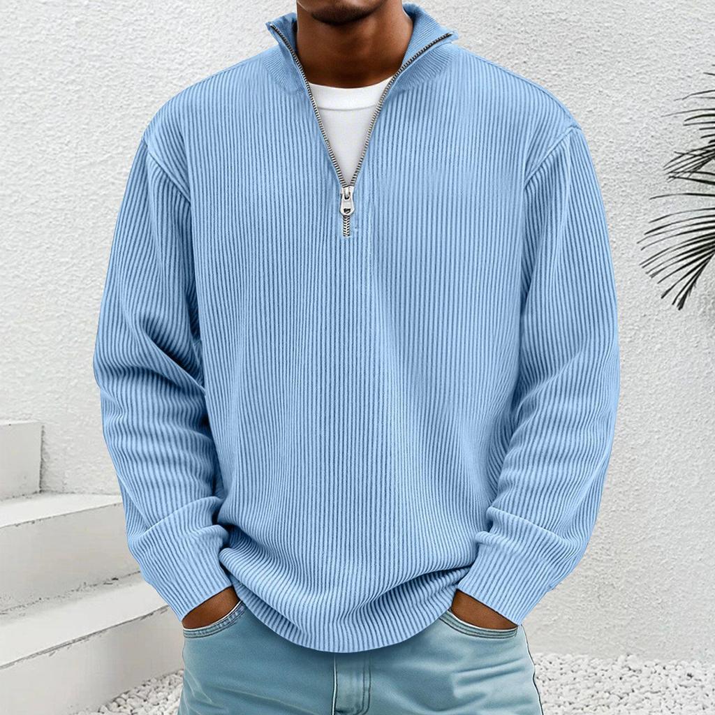 Men's 2025 European Autumn Corduroy Pullover Hoodie with Stand Collar and Zipper, Long Sleeve.