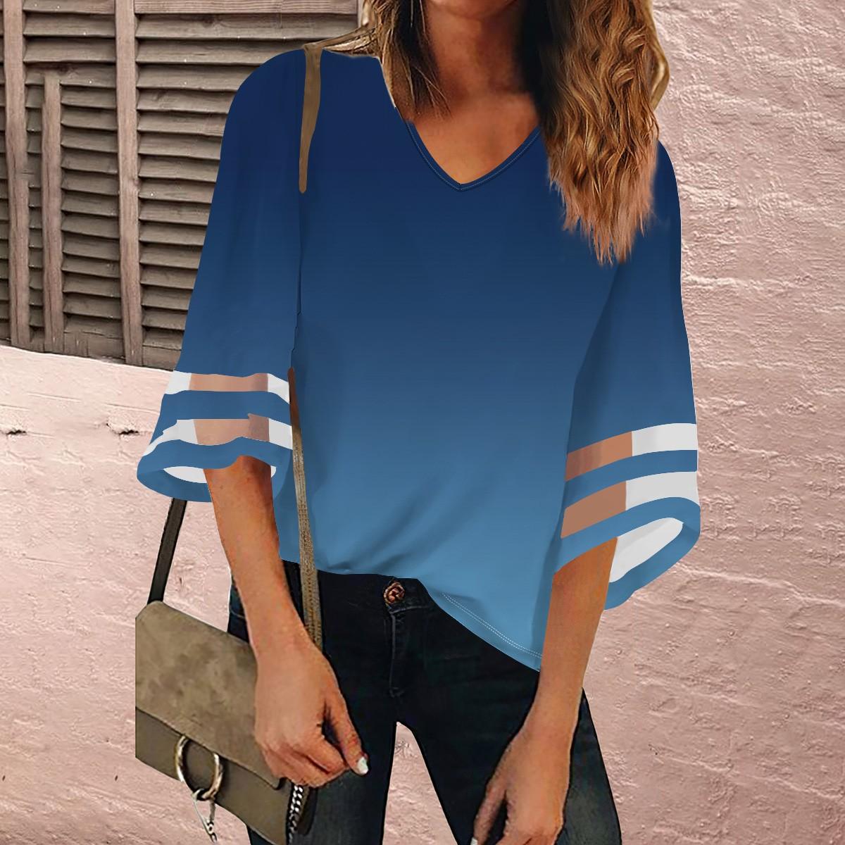 

Жіноча сорочка Блузка Повсякденні вільні сорочки Мереживна обробка з рукавами 3/4 Топи з принтом V-подібним вирізом Топи з принтом Футболки Футболки XXXL синій