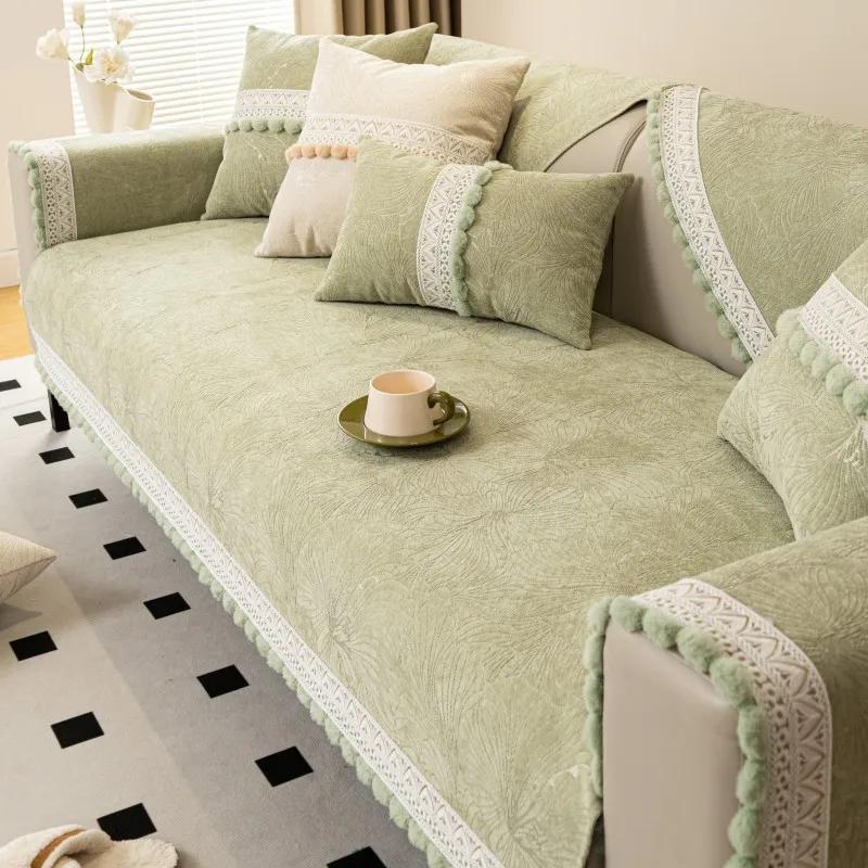 

Чехол для дивана из синели, плюшевый чехол для дивана, четыре сезона, универсальный домашний чехол для дивана для гостиной, кремовая ветровая подушка для дивана 30x50cm pillowcase зелёный