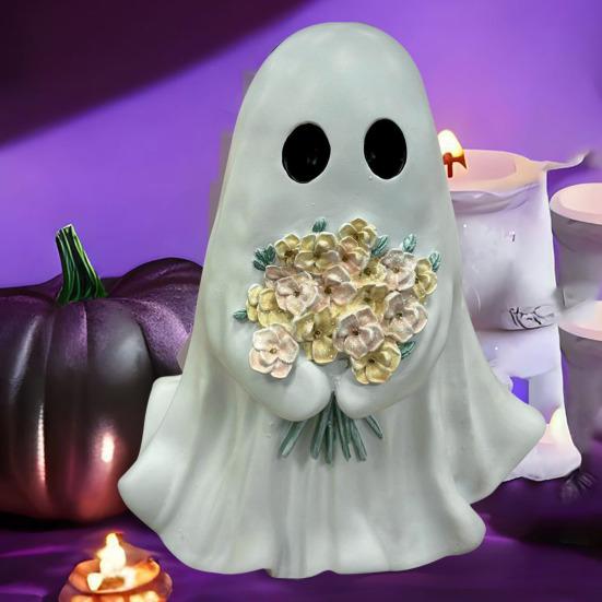 Halloween Ghost Figurine Small Resin Ghost Holding Flower Statue Cute Ghost Tabletop Decor for Halloween Porch Indoor Outdoor Decoration
