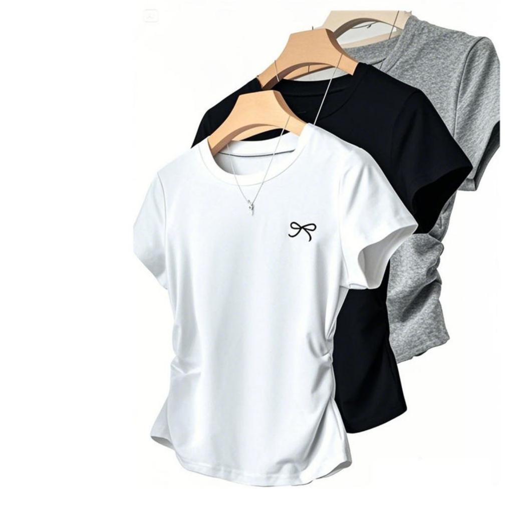Nueva Camiseta de Verano de Manga Corta con Hombro Descubierto, Versátil Versión Coreana Ajustada Talla Grande Top Ligeramente Gordito con Ceñido a la Cintura y Efecto Adelgazante