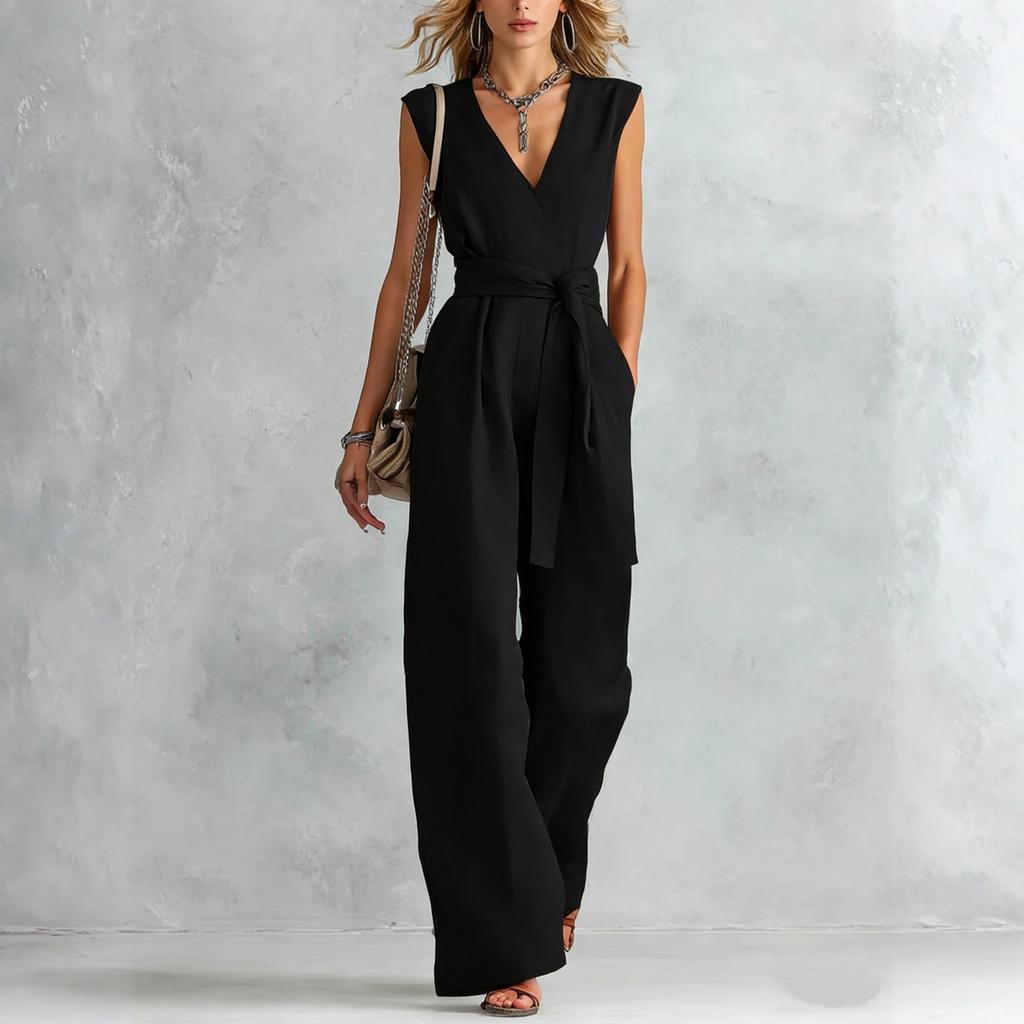 Damen V-Ausschnitt Weiter Bein Ärmellos Mit Gürtel Lang Jumpsuit