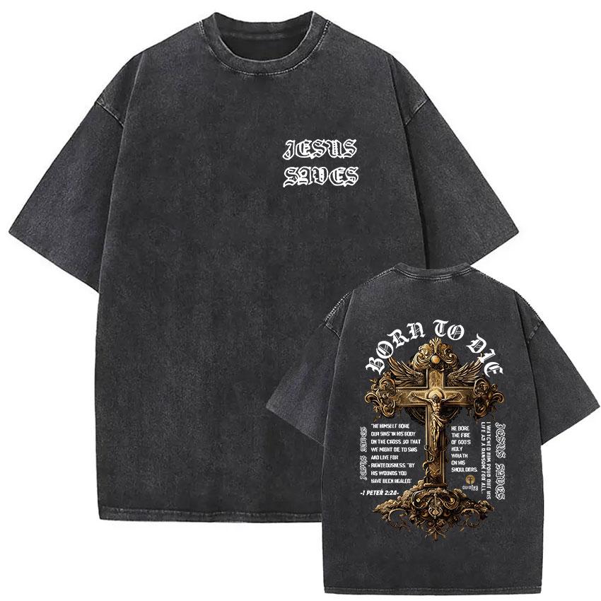 Vintage Washed Faith in God Christian Bible Verse Print T Shirts Men Womens Clothing Aesthetic Fashion Oversized Cotton Tshirt