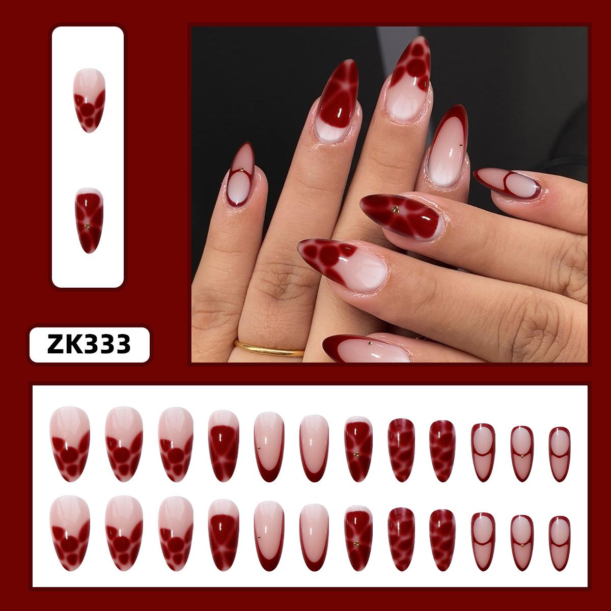 24pcs Medium-length Red Almond French Flower False Nail Stickers