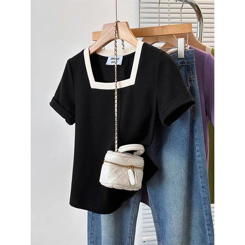 Plus Size Women's Stylish Square Neck Short Sleeve Summer T-shirt - Pure Cotton, Slimming, Up to 200 Jin.