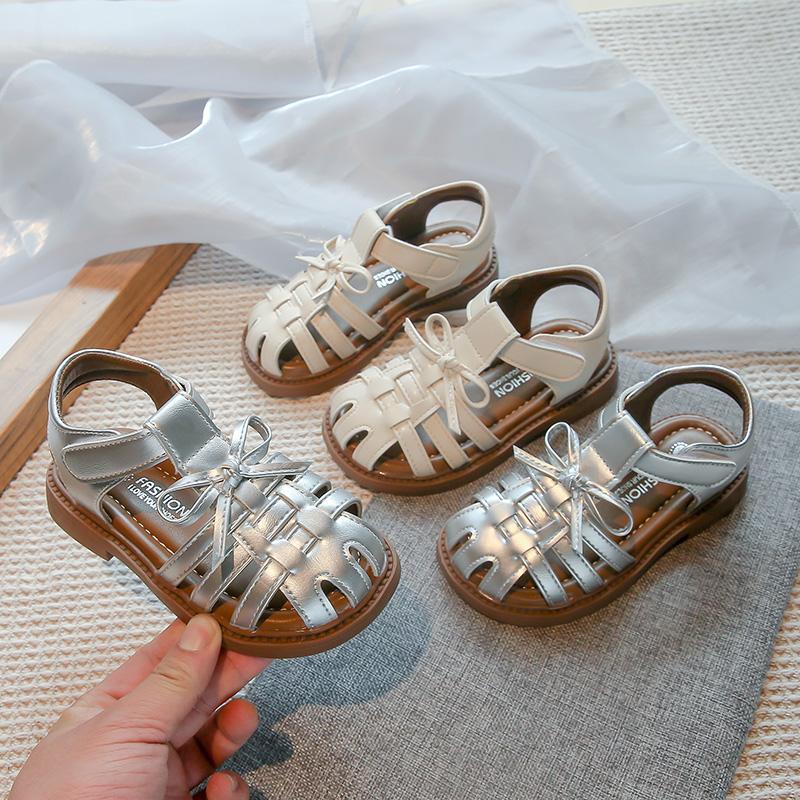 Girls Sandals Simple Bows Kids Beach Shoes Hollowed-out Non-slip 2025 Summer New Children Princess Shoes Soild Color Sweet Lace