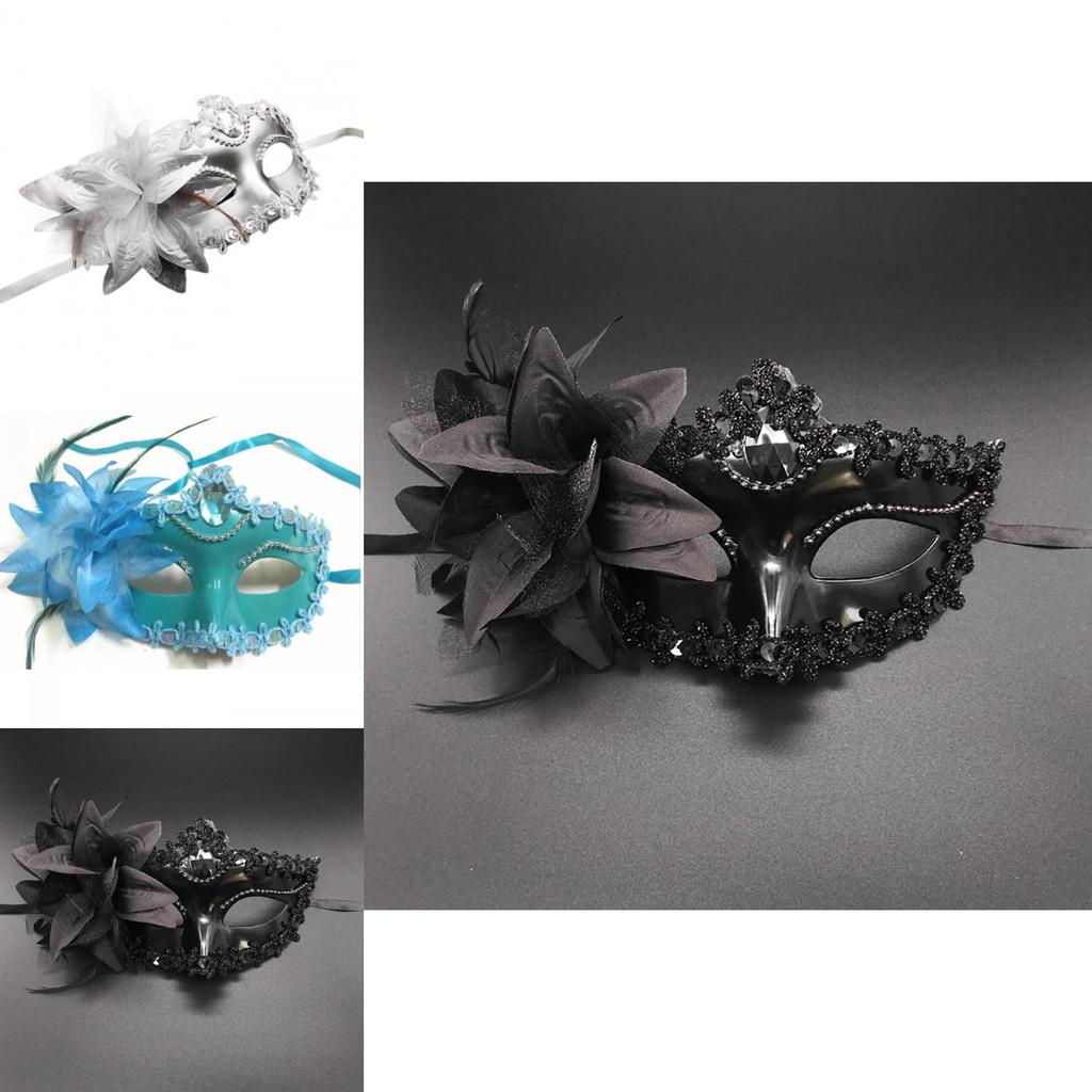 Elegante Maschera di Pizzo per Mascherata con Fiori di Strass per Costumi di Halloween da Donna