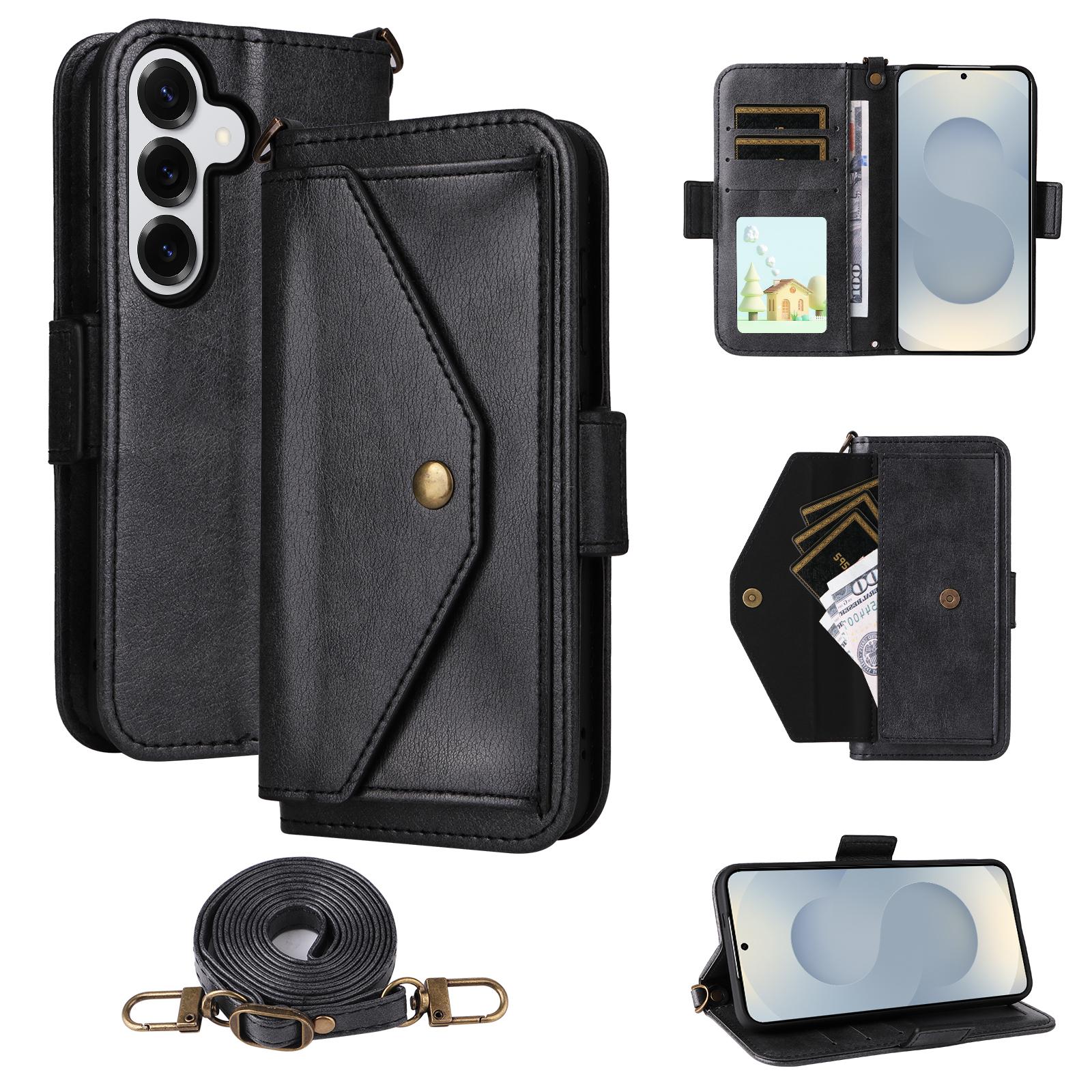 

For Samsung Galaxy S25+ Leather Case Magnetic Closure Wallet Stand Phone Cover with Crossbody Strap Black