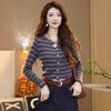 Contrasting color striped crew neck knitted sweater women's autumn versatile sweater backing cardigan top striped knitted sweater women