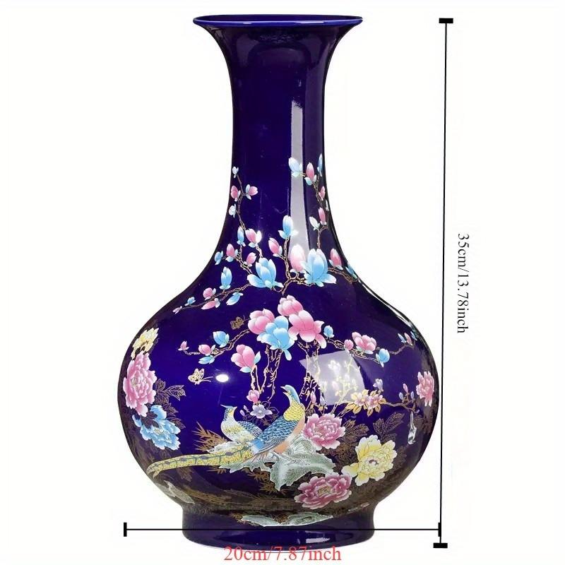 

Керамическая ваза Jingdezhen 13,8 дюймов - парчовая ваза с изображением цыпленка из драгоценных камней и цветочным узором с птицами, китайский художественный декор для роскоши синий