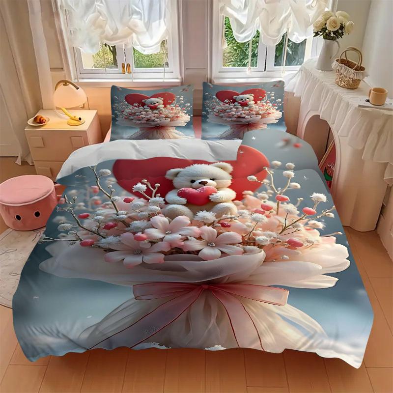 3pcs Anime Teddy Bear Heart Bouquet Bedding Set - Includes One Quilt Cover and Two Pillowcases (No Core) - Polyester Fabric, Perfect for Bed