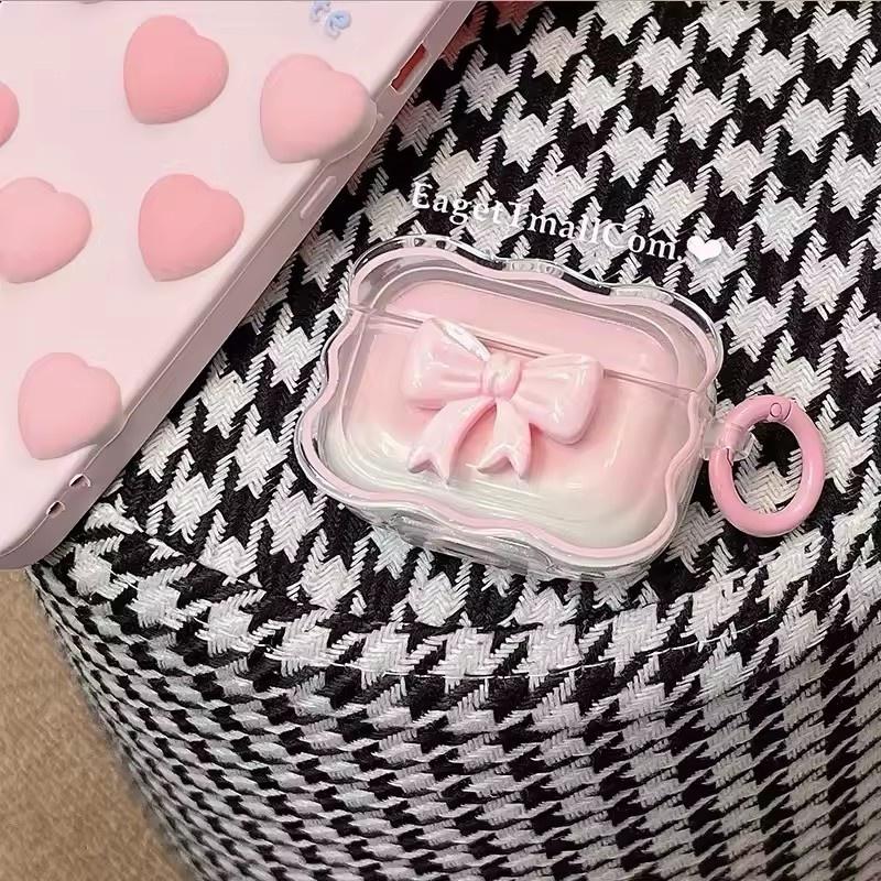 

3D Bow Wave Case for Apple AirPods 1 2 Case Pink Floral Girls Cover for AirPods Pro Wireless Box With Keychain AirPods 1/2