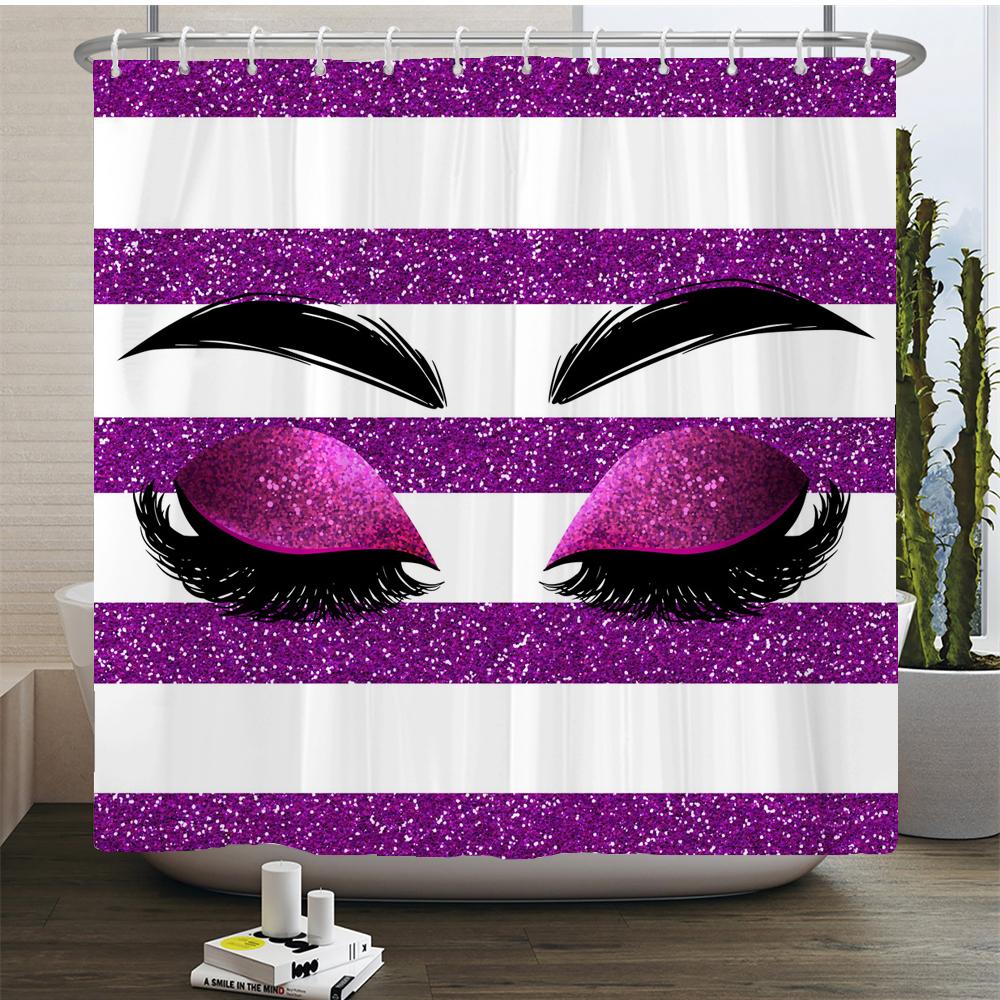 Girly Shiny Purple Eyelash Makeup Shower Curtain Bath Curtain Set Polyester Bathroom Curtain Eye Lash Home Decor With Hooks