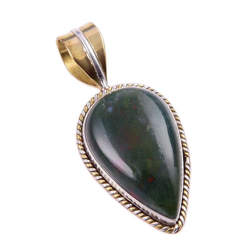Natural Bloodstone Gemstone 925 Solid Sterling Silver TwoTone Pendant 1.50" D2M16