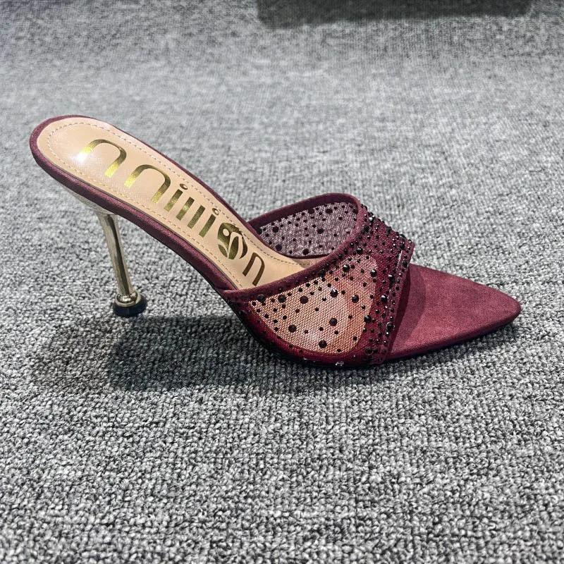 Sommer Damen Hausschuhe Sexy Spitz Strass Mesh Damen High Heel Hausschuhe Weibliche Party Hochzeit Brautschuhe