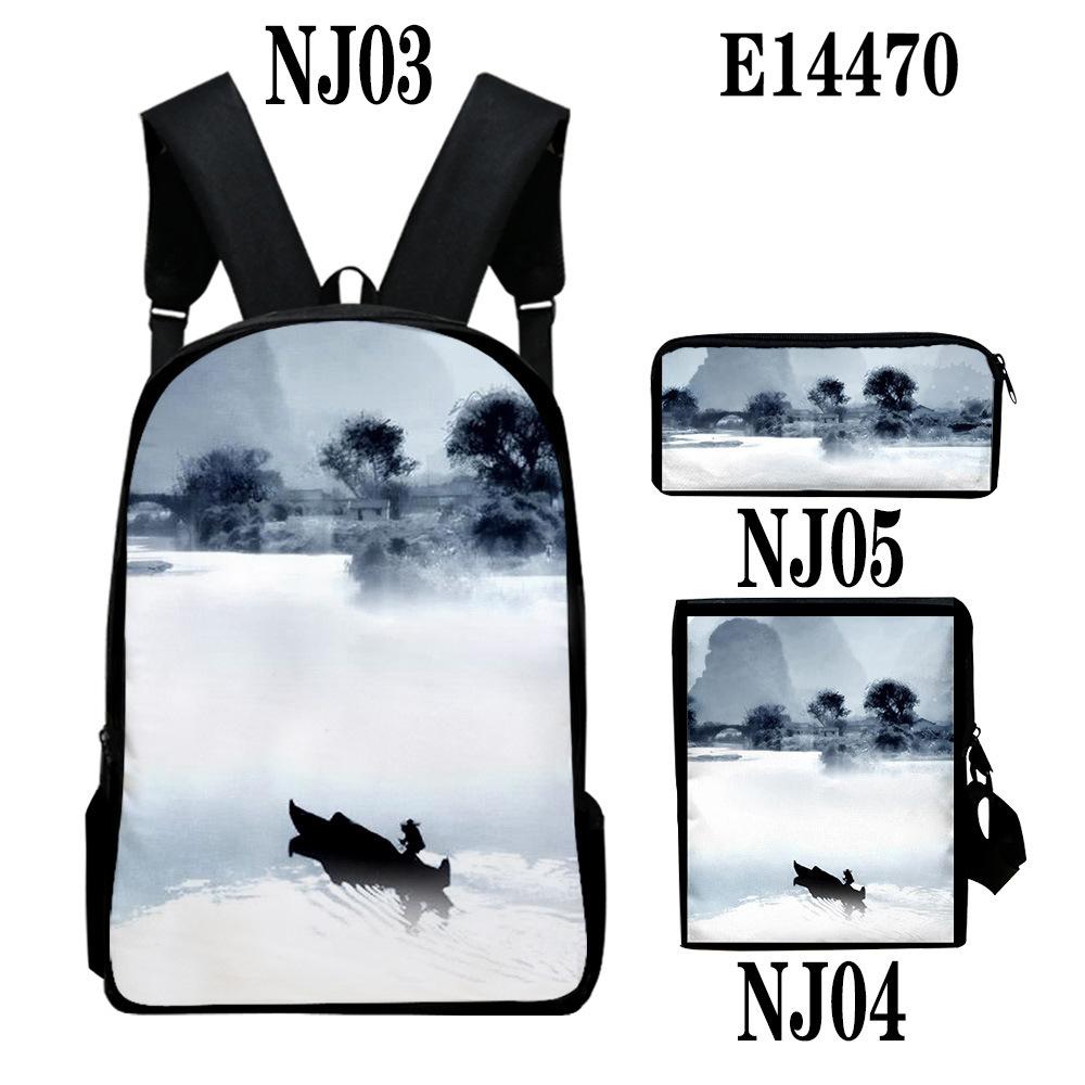 Popular Chinese style ink painting 3D Print 3pcs/Set School Bags Laptop Daypack Backpack Inclined shoulder bag Pencil Case
