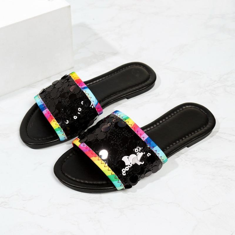 Women's Slipper Women's Summer Wear New Fashion Versatile Sequined Flat Peep-Toe Beach Sandals