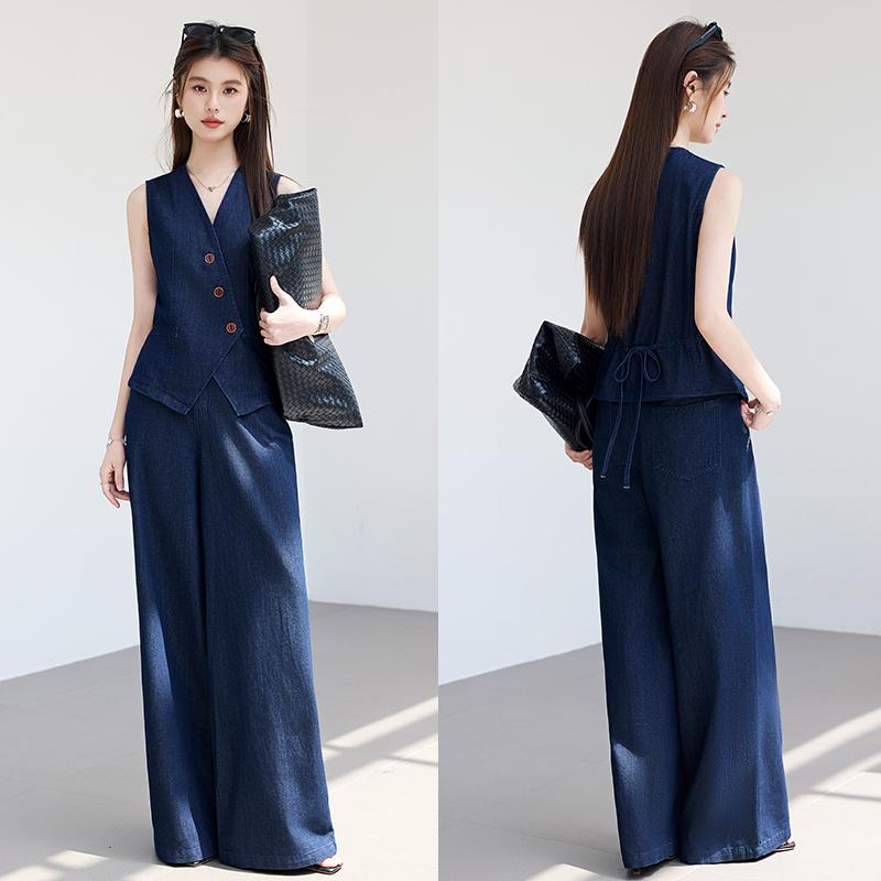 Summer "light oxygen commuting" series imitation denim color V-neck vest+wide leg pants set
