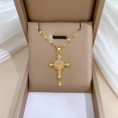 Titanium Steel Portrait Cross Light Luxury Temperament Gorgeous Full Diamond Necklace Female Versatile Collarbone Chain Titanium Steel Chain
