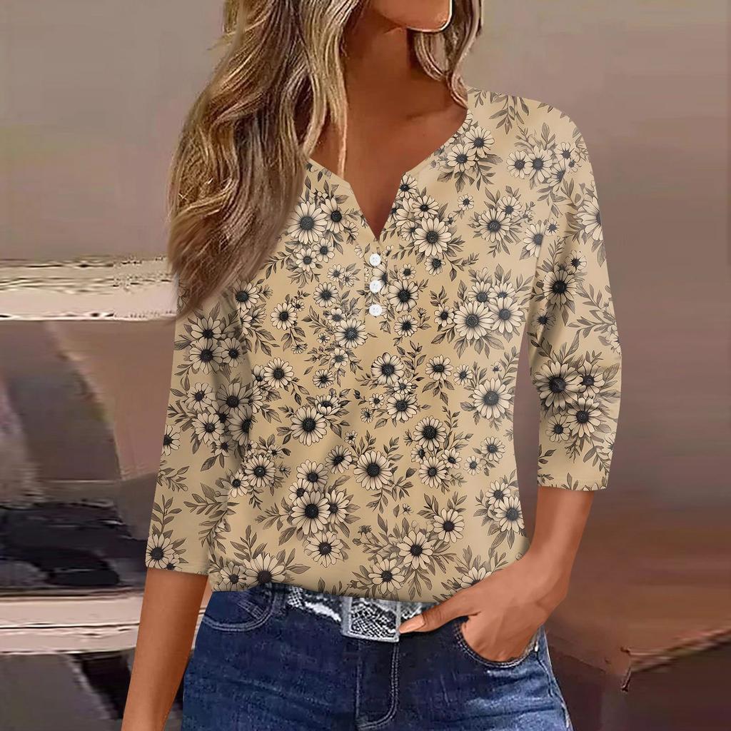 Women's T Shirt Print Button 3/4 Sleeve Daily Weekend Fashion Basic V- Neck Regular Top