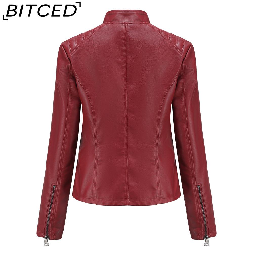 BITCED Women's Casual Leather Jacket Stand-up Collar Slim-Fit Outerwear Spring/Autumn Solid-Colour Leather Jacket