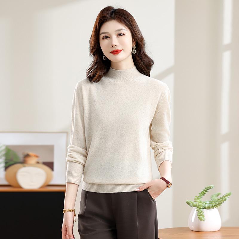Women's Pure Wool Half-High Collar Sweater - Autumn/Winter Solid Color Loose Warm Pullover Base Layer