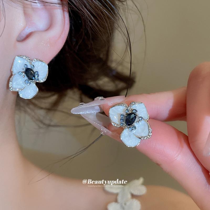 Enamel Whispers~ Silver Needle Diamond Drip Oil Flower Stud Earrings Fresh and Elegant Versatile Earrings Design Sense Niche Earrings