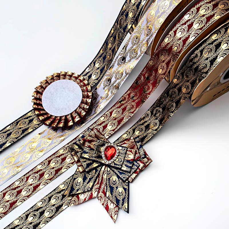 10 meter/rull påfuglfjærtrykt bånd Webbing silkebånd fjær gullbelagt bånd laserbånd 2,5x914cm