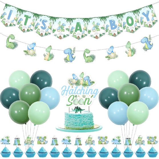 Kreatwow Dinosaur Baby Shower Decorations for Boy - Blue Green Its A Boy Banner, Garland, Hatching Soon Cake Topper, Rawr Decor, Themed Balloons for