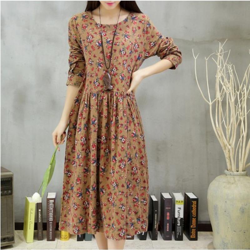 Spring Women's Cotton and Linen Floral Long Sleeved Dress