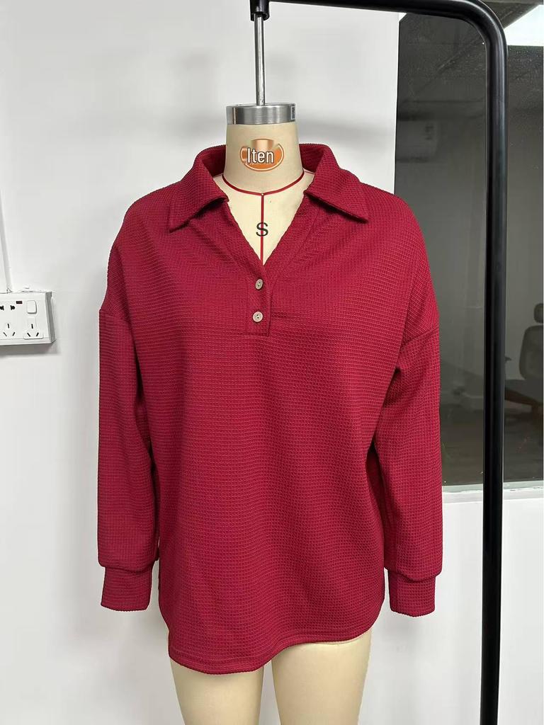 2025 European Fashion V-neck Button Waffle Knit Loose Pullover Long Sleeve Top