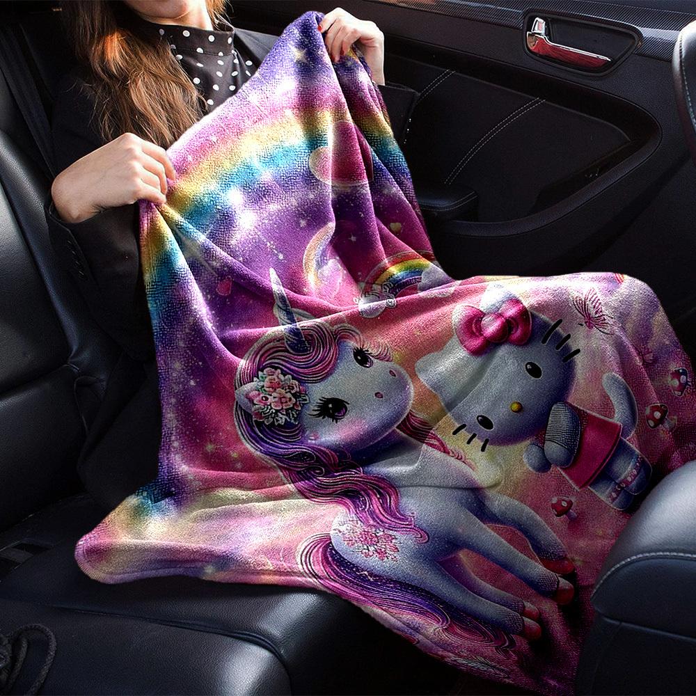 1pc Unicorn Hello Kitty Blanket Lightweight Flannel Throw for Sofa Bed Travel Camping Livingroom Office Couch Chair