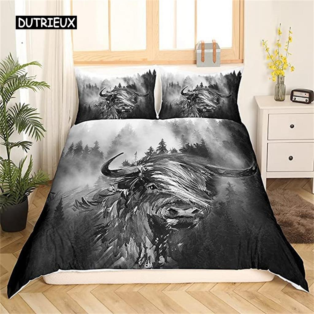 Bettbezug mit Highland-Kuh-Motiv, Western-Bettwäscheset mit Bauernhoftieren, King-Size-Bett, für Jungen und Mädchen, Mikrofaser, Blumenmuster, Bullen- und Rinder-Bettbezug