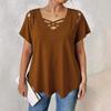 V-neck Short Sleeved Cross Strap T-shirt Large Size Summer Casual Fashion Hollow Out Blouse Solid Color Women Sweet Simple Office Shirts Clothing