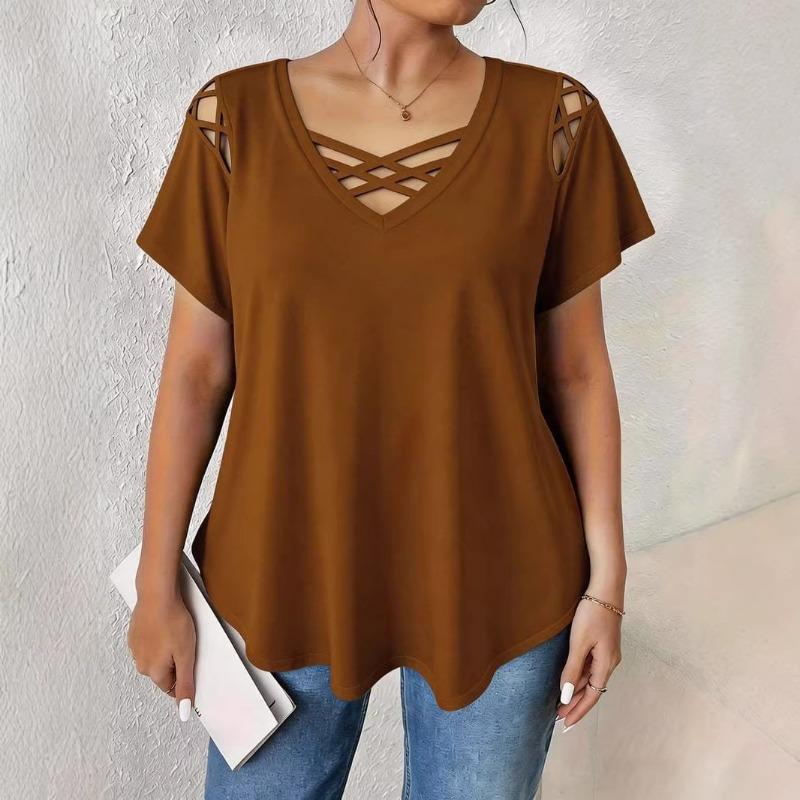 V-neck Short Sleeved Cross Strap T-shirt Large Size Summer Casual Fashion Hollow Out Blouse Solid Color Women Sweet Simple Office Shirts Clothing