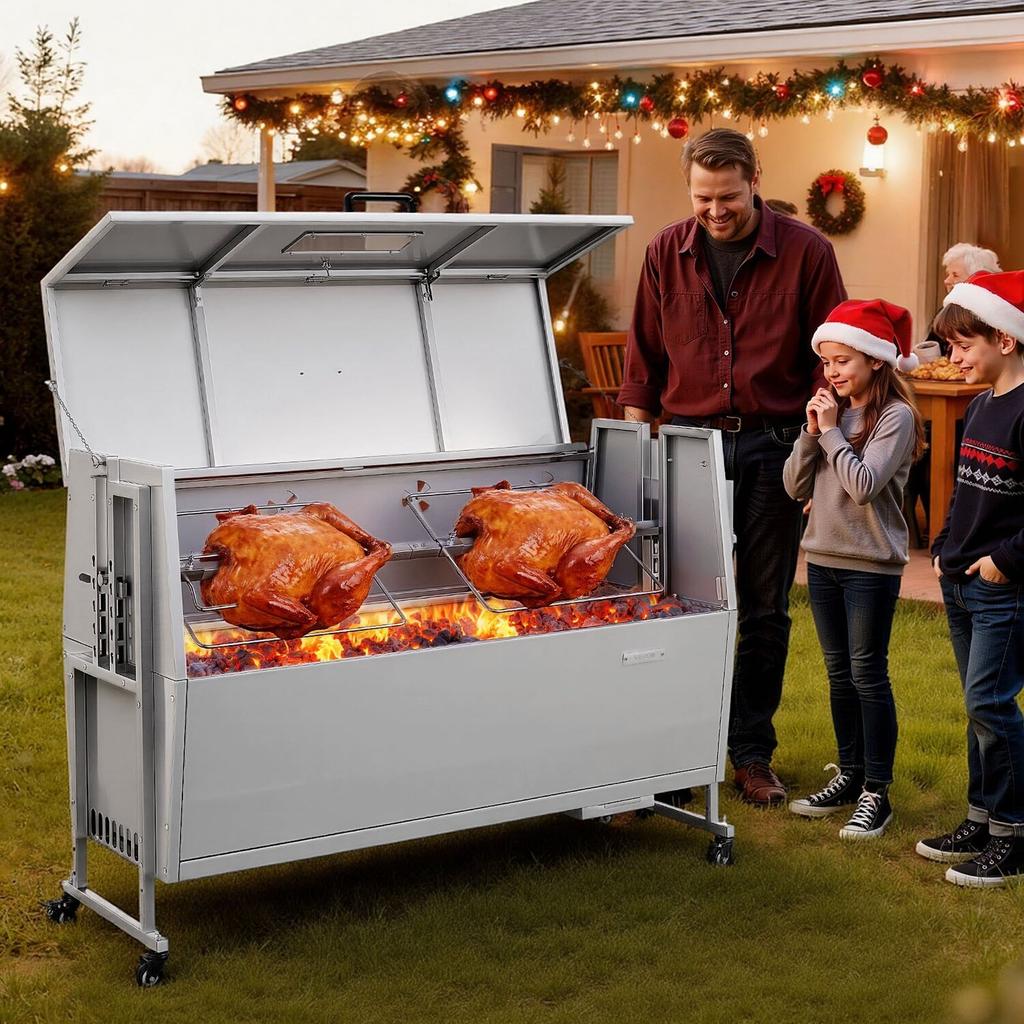 Rotisserie Grill, 38W BBQ Outdoor Pig & Lamb Spit Roaster, Charcoal Spit Roaster with 60 Kg Capacity, Wheels & 4-Level Height, Stainless Steel