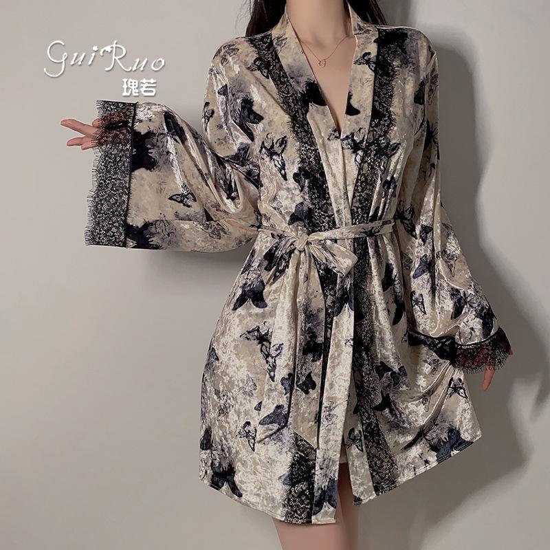 Women's Velvet Butterfly Print Deep V Padded Cami Sleep Dress with Robe Lounge Set