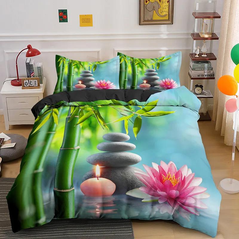Zen Stone Green Bamboo Duvet Set Three-Piece Set, Natural Landscape Printed Bedding Set