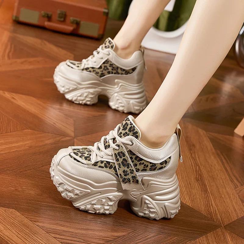 Fashion Women Casual Platform Sneakers 10CM High Heels 2025 New Spring Sport Leather Shoes Bling Trainers Chunky Sneakers Zapatos Mujer