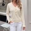 Women's Fashion Casual Fall Winter Solid Color Print Long Sleeve V-Neck Sweaters