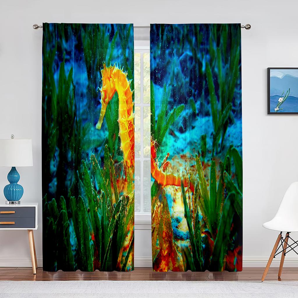 Sea Turtle Sheer Tulle Curtain Ocean Underwater World Tropical Fish Coral Reef Sheer Voile Curtain for Bedroom Living Room Decor