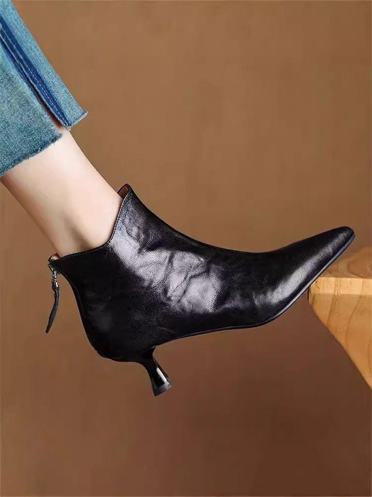 Fashion Elegant with Medium Heels Booties Autumn Winter Fleece-Lined Female Short Shoes Pointed Toe Leather Chelsea Women's Ankle Boots