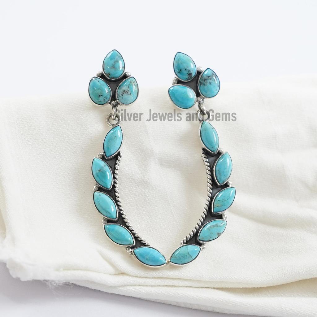Natural Turquoise Stud Earrings, Long Handmade Earrings, 925 Sterling Silver Earrings, Birthday Earrings, Multi Stone Earring